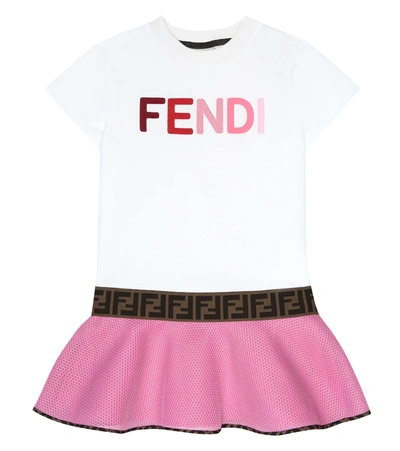 Fendi Kids' Colour-block Embroidered Logo Dress In Cream