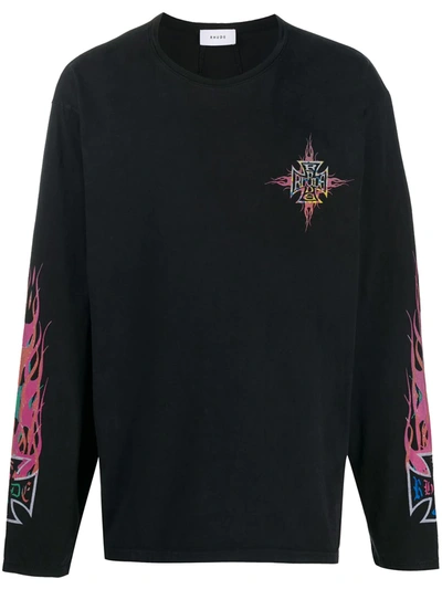 Rhude Long-sleeve Neon Flame Graphic T-shirt In Black