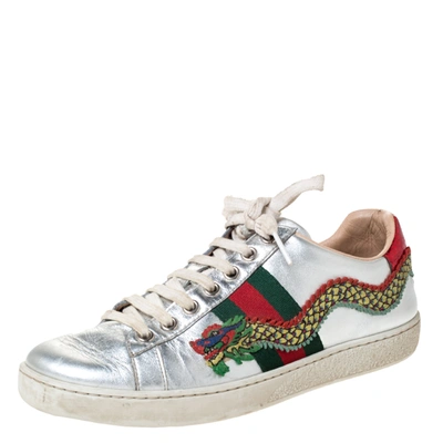 Pre-owned Gucci Metallic Silver Leather Web Ace Dragon Lace Up Sneakers Size 36