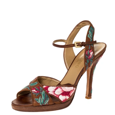 Pre-owned Valentino Garavani Brown Leather Embroidered Ankle Strap Sandals Size 39.5