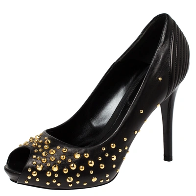 Pre-owned Alexander Mcqueen Black Leather Studded Peep Toe Pumps Size 38.5
