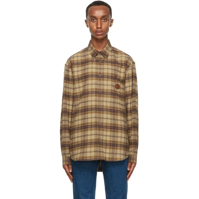 Gucci Plaid Logo Leather Patch Flannel Button-down Shirt In Brown