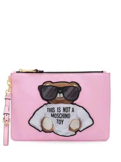 Moschino Teddy Embroidered Clutch Bag In Pink,black