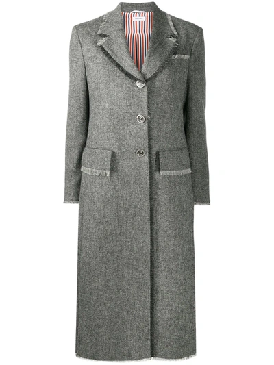 Thom Browne Frayed Trim Single-breasted Coat In Grey