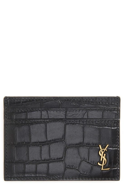 Saint Laurent Ysl Monogram Croc Embossed Leather Card Case In Black