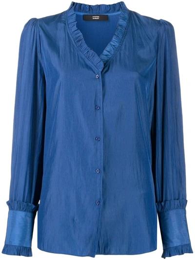 Steffen Schraut Ruffle-trimmed V-neck Blouse In Blue