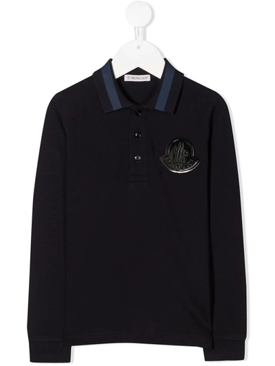 Moncler Kids' Long Sleeve Logo Patch Polo Shirt In Blue