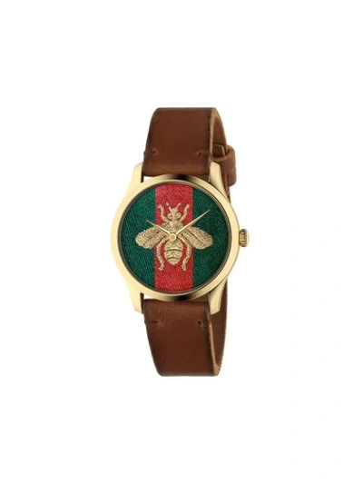 Gucci Bee Insignia Leather Strap Watch, 43mm In Camel Leather And Steel