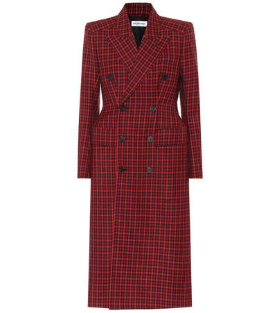 Balenciaga Houndstooth Double-breasted Wool Coat In Red