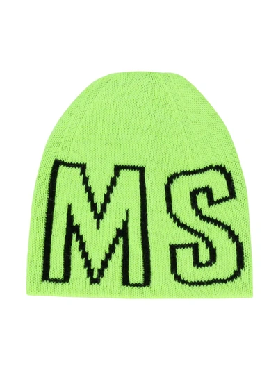 Msgm Kids' Jacquard Logo Knit Beanie In Green