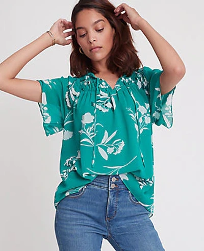 Ann Taylor Floral Shirred Ruffle Tie Neck Top In Viridian Green