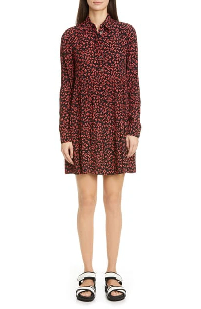 Ganni Floral Logo Print Crepe Long Sleeve Shirtdress In Black