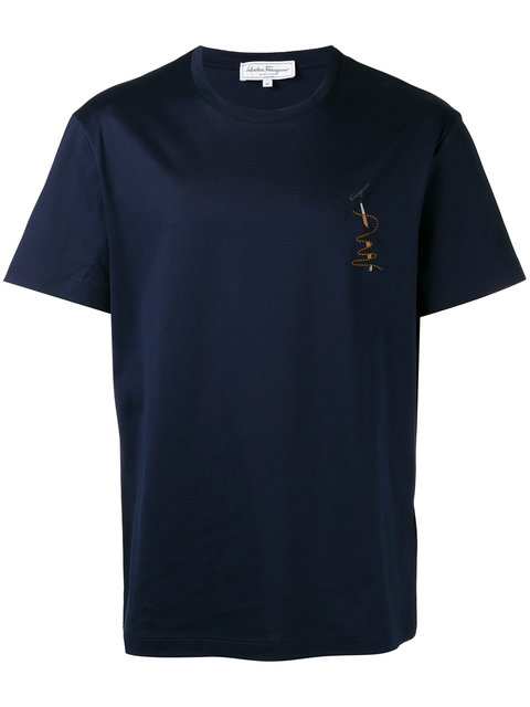 Salvatore Ferragamo Embroidered Cotton-jersey T-shirt In Navy | ModeSens