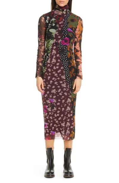 Fuzzi Floral Dot Print Turtleneck Long Sleeve Dress In Vino
