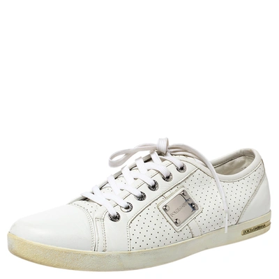 Pre-owned Dolce & Gabbana White Perforated Leather Logo Plaque Low Top Sneakers Size 44
