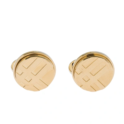 Pre-owned Burberry Check Engraved Gold Tone Round Cufflinks