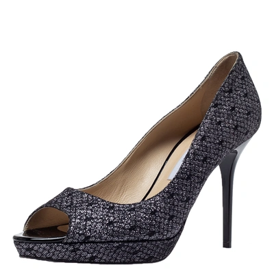 Pre-owned Jimmy Choo Black Lace Glitter Luna Peep Toe Platform Pumps Size 40 In Grey