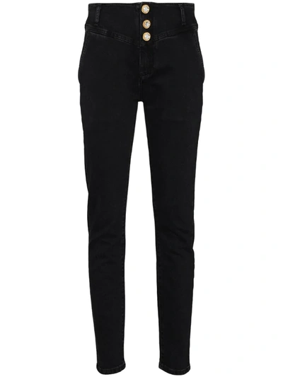 Alessandra Rich Crystal-button High Rise Jeans In Black