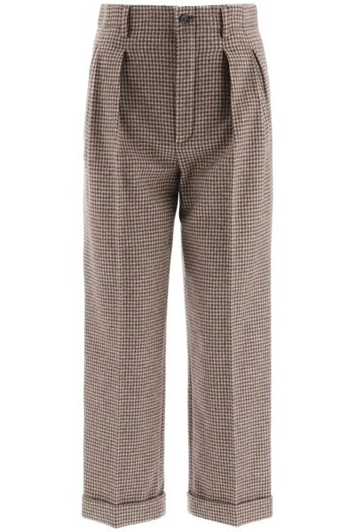 Saint Laurent Houndstooth Flannel Trousers In Beige,brown