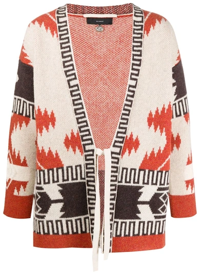 Alanui Wool Patterned Cardigan Kimono With Front Tie In Orange