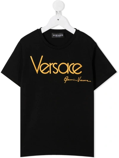 Young Versace Kids' Embroidered Signature Logo T-shirt In Black