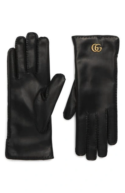 Gucci Leather Gloves W/ Gg Hardware In Black/ Green/ Red