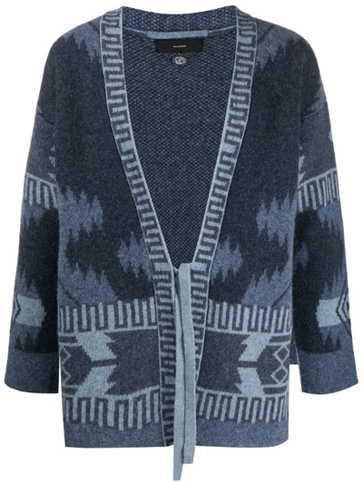 Alanui Wool Patterned Cardigan Kimono With Front Tie In Blue