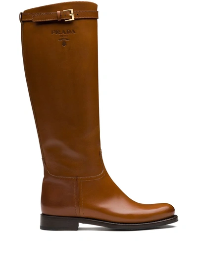 Prada 30 Logo-embossed Leather Knee Boots In Brown