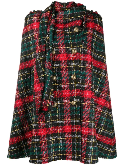 Balmain Scarf-trimmed Tartan Tweed Cape In Red