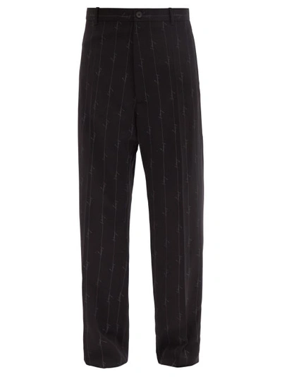 Balenciaga Logo-print Pinstripe Twill Trousers In Black