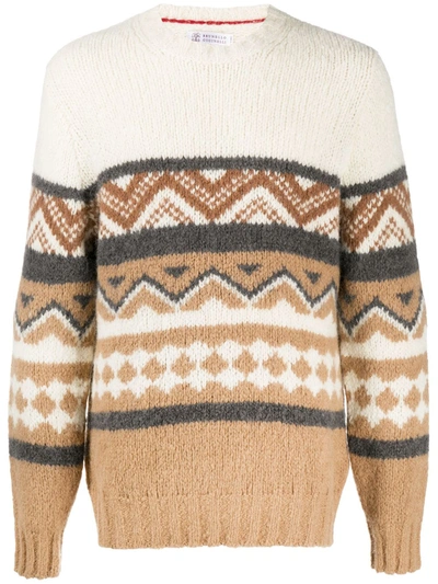 Brunello Cucinelli Long Sleeve Aztec-knitted Jumper In White