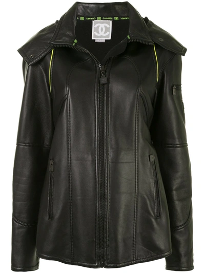 Pre-owned Chanel 2004 Sport Line Hooded Leather Jacket In Black