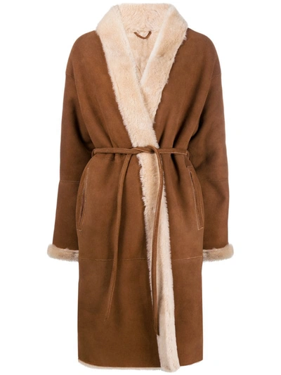 Simonetta Ravizza Shearling & Suede Belted Long Coat In Brown