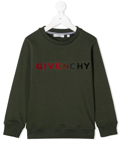 Givenchy Kids' Velvet Logo Cotton Blend Sweatshirt In Green