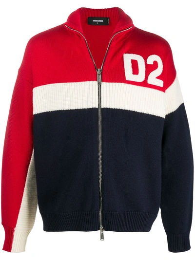 Dsquared2 Flocked Logo Zip-up Wool Knit Sweater In Red