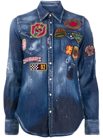 Dsquared2 Logo Patch Distressed Finish Shirt In Blue