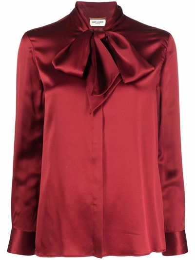 Saint Laurent Long-sleeve Pussy-bow Blouse In Red