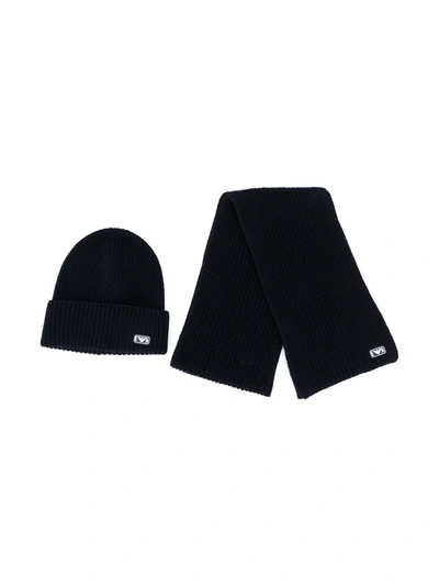 Emporio Armani Kids' Logo Patch Hat And Scarf Set In Black