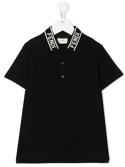 Fendi Kids' Logo-collar Polo Shirt In Black