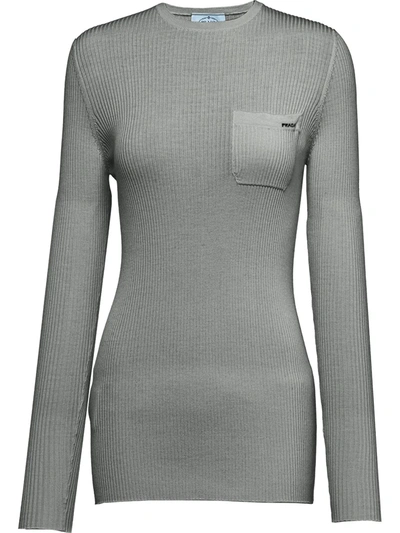 Prada Long Sleeved Pocket T-shirt In Grey