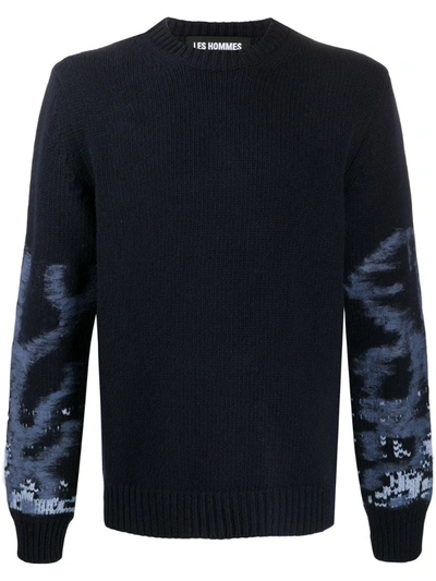 Les Hommes Abstract Intarsia Merino Wool Jumper In Blue