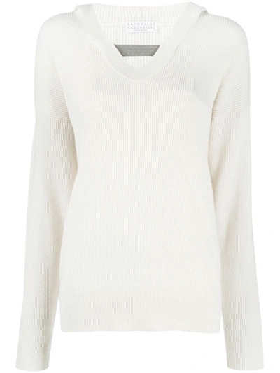 Brunello Cucinelli Ribbed-knit Hooded Cashmere Jumper In Neutrals