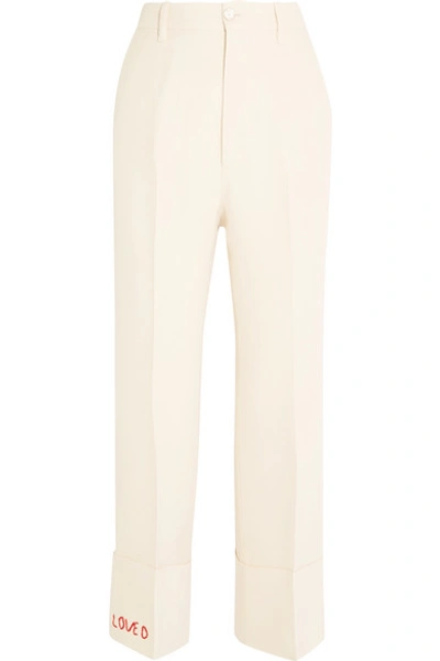 Gucci Embroidered-detail Wide-leg Wool-blend Trousers In Nude&neutrals