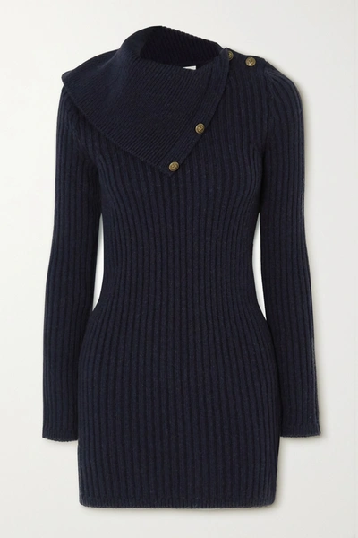 Saint Laurent Button-embellished Ribbed Camel Wool Mini Dress In Navy