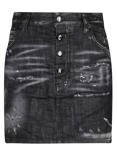 Dsquared2 High-waisted Distressed-effect Denim Skirt In Black