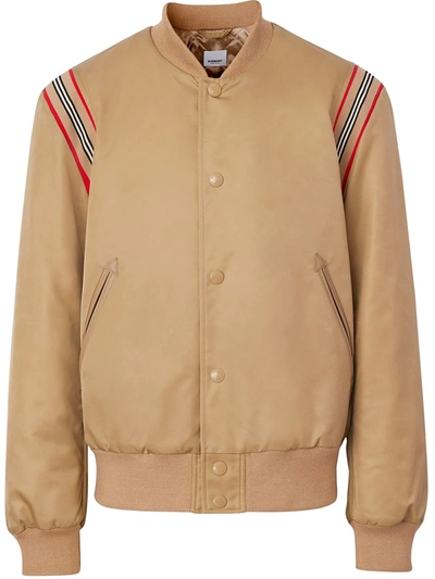 Burberry Harwell Icon Stripe Leather Trim Twill Bomber Jacket In Neutrals