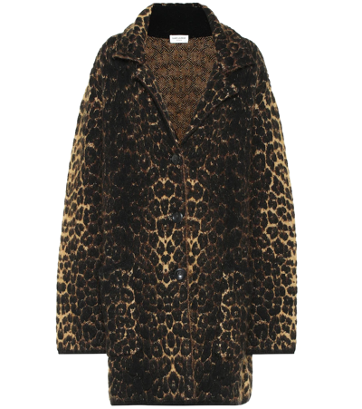 Saint Laurent Leopard-jacquard Wool-blend Coat In Brown