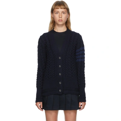 Thom Browne Aran Cable Relaxed V Neck Cardigan W/ 4 Bar In Fine Merino Wool In 415 Navy