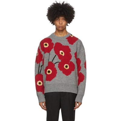 Ami Alexandre Mattiussi Embroidered Poppy-jacquard Wool Sweater In Grey