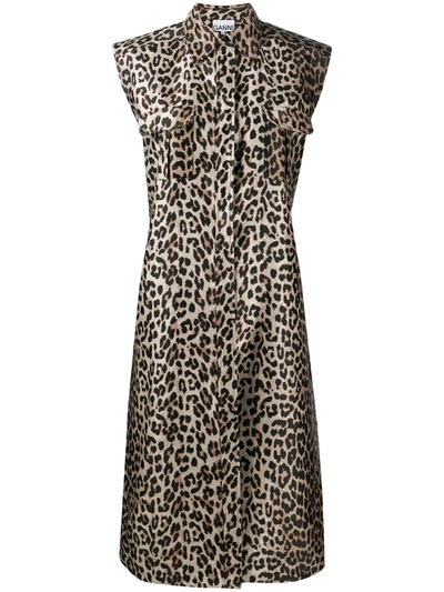 Ganni Leopard-print Sleeveless Shirt Dress In Phantom